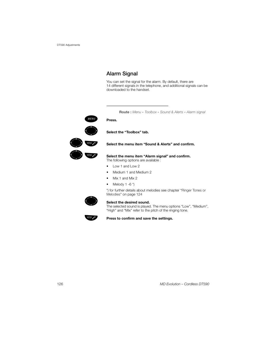 Alarm signal, To set the sound for alarm signal, ºь ы | Sony Ericsson Cordless DT590 User Manual | Page 126 / 164