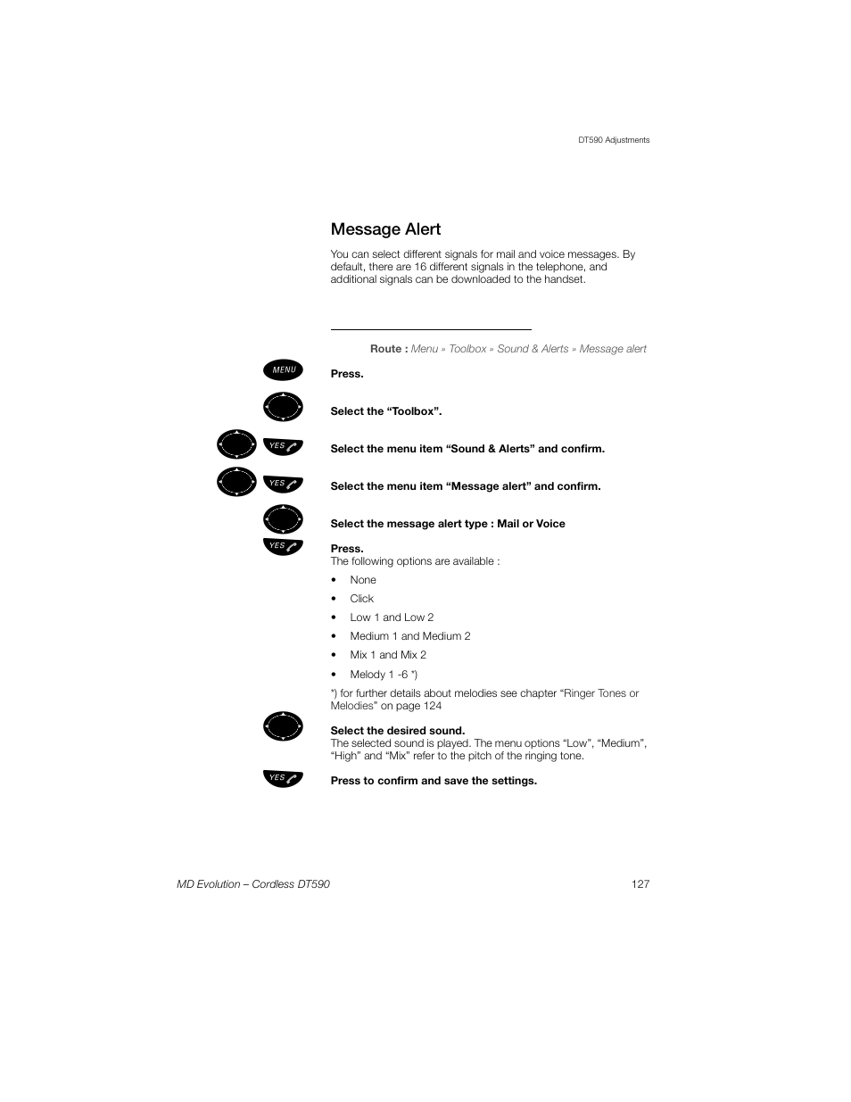 Message alert, To set the sound for message alert, ºь ы | Sony Ericsson Cordless DT590 User Manual | Page 127 / 164