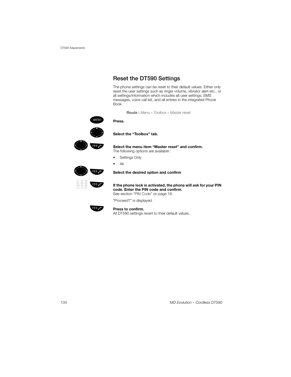 Reset the dt590 settings, ºь ы | Sony Ericsson Cordless DT590 User Manual | Page 134 / 164