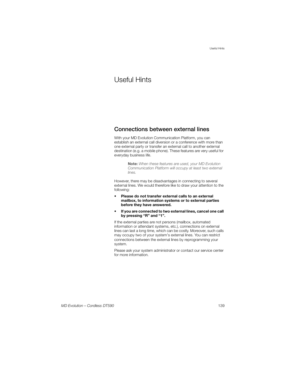 Useful hints, Connections between external lines | Sony Ericsson Cordless DT590 User Manual | Page 139 / 164