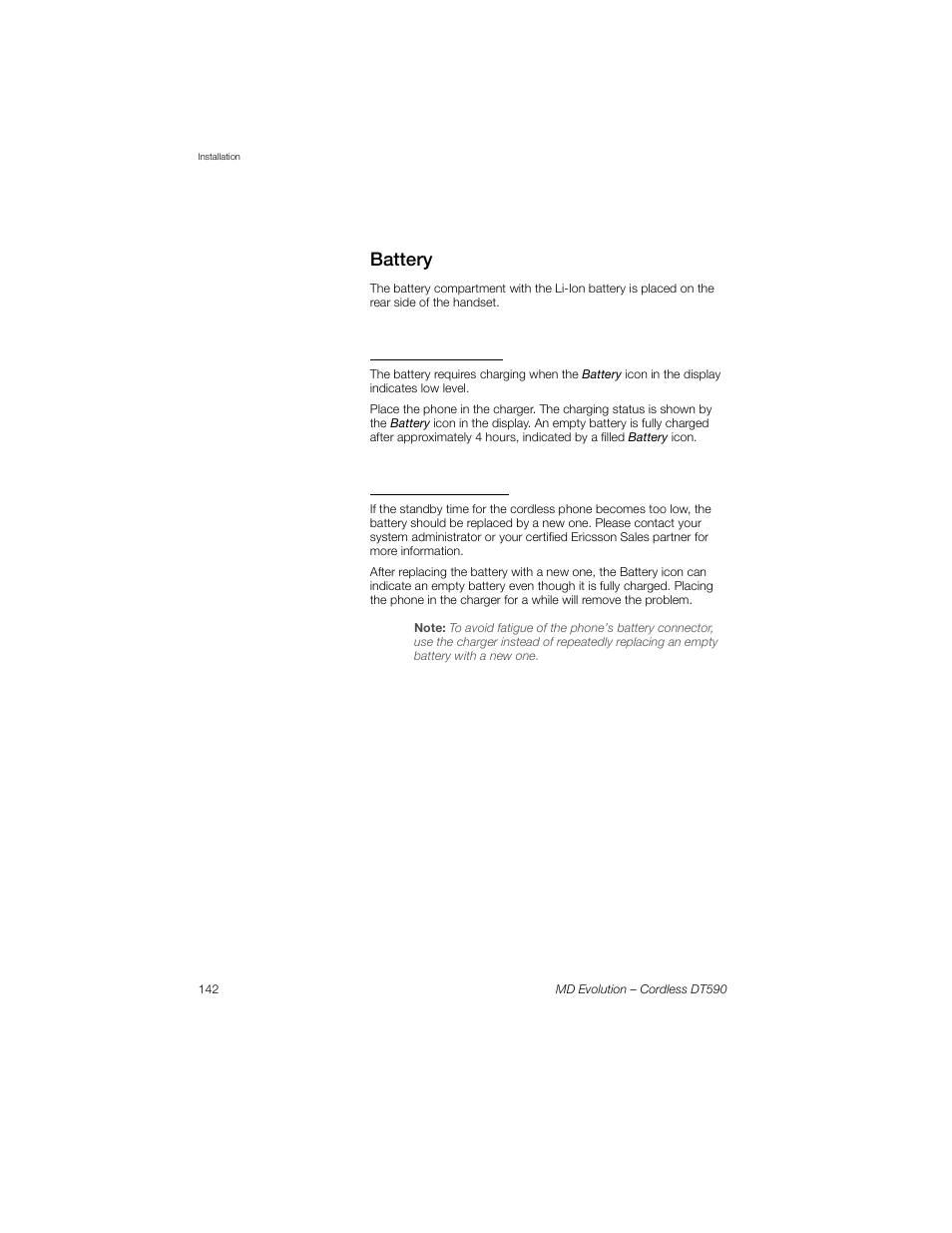 Battery, Charging the battery, Replacing the battery | Sony Ericsson Cordless DT590 User Manual | Page 142 / 164