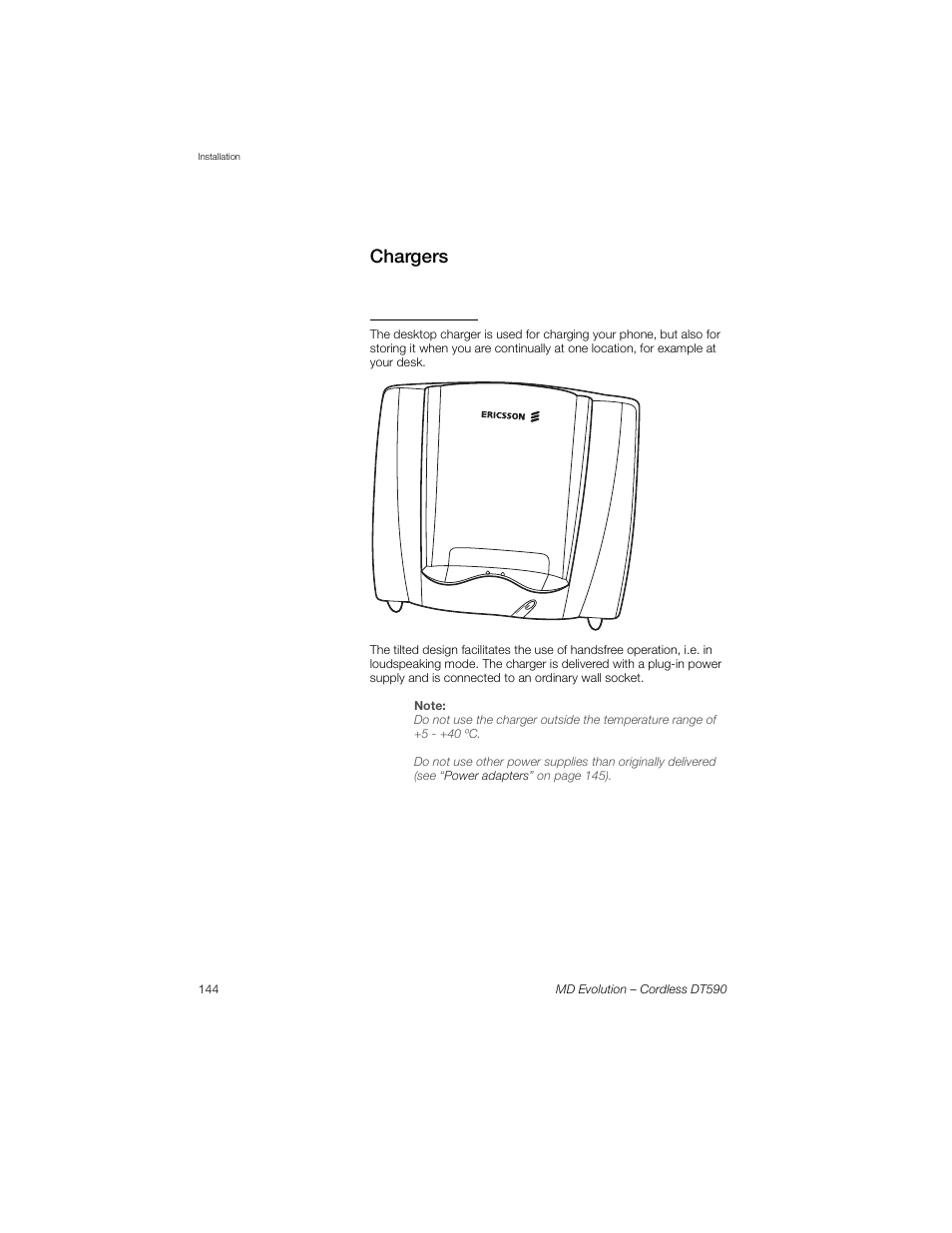 Chargers, Desktop charger | Sony Ericsson Cordless DT590 User Manual | Page 144 / 164