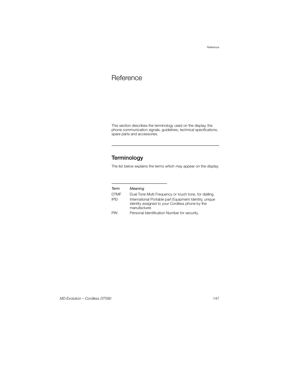 Reference, Terminology, Terminology used on display | Sony Ericsson Cordless DT590 User Manual | Page 147 / 164