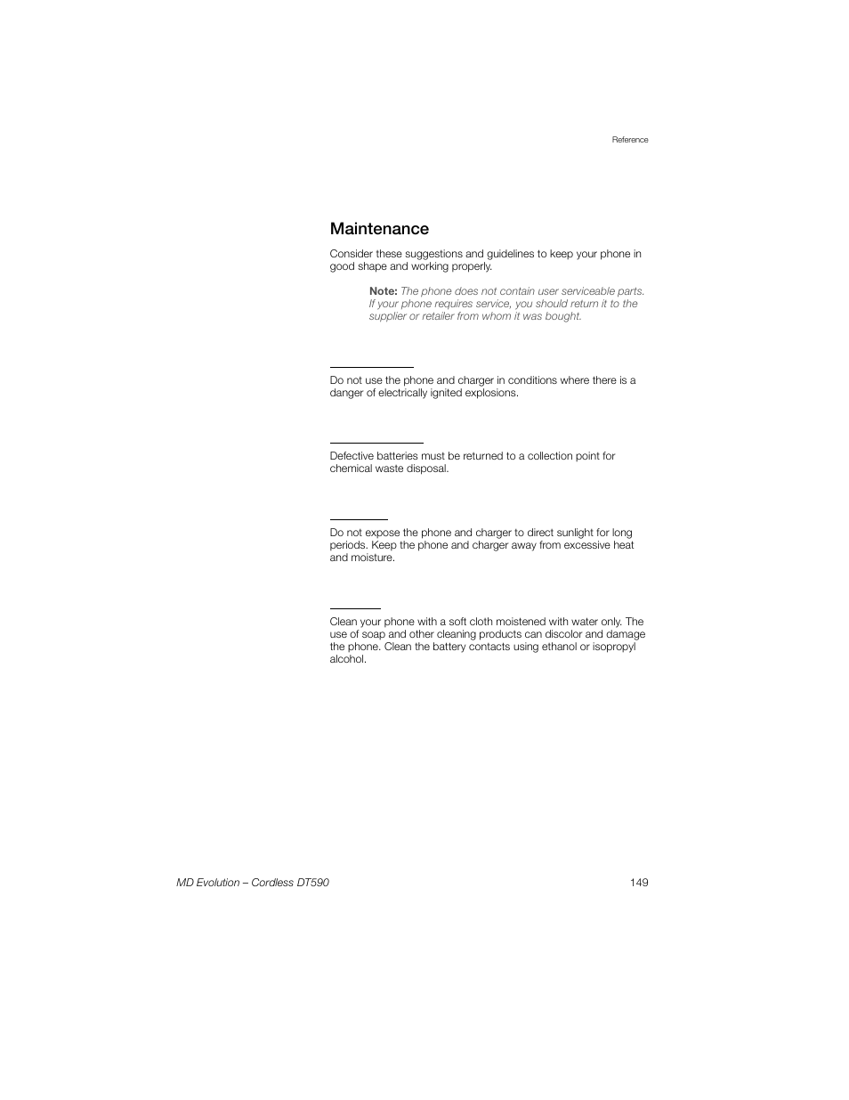 Maintenance, Intrinsic safety, Battery disposal | Treatment, Cleaning | Sony Ericsson Cordless DT590 User Manual | Page 149 / 164