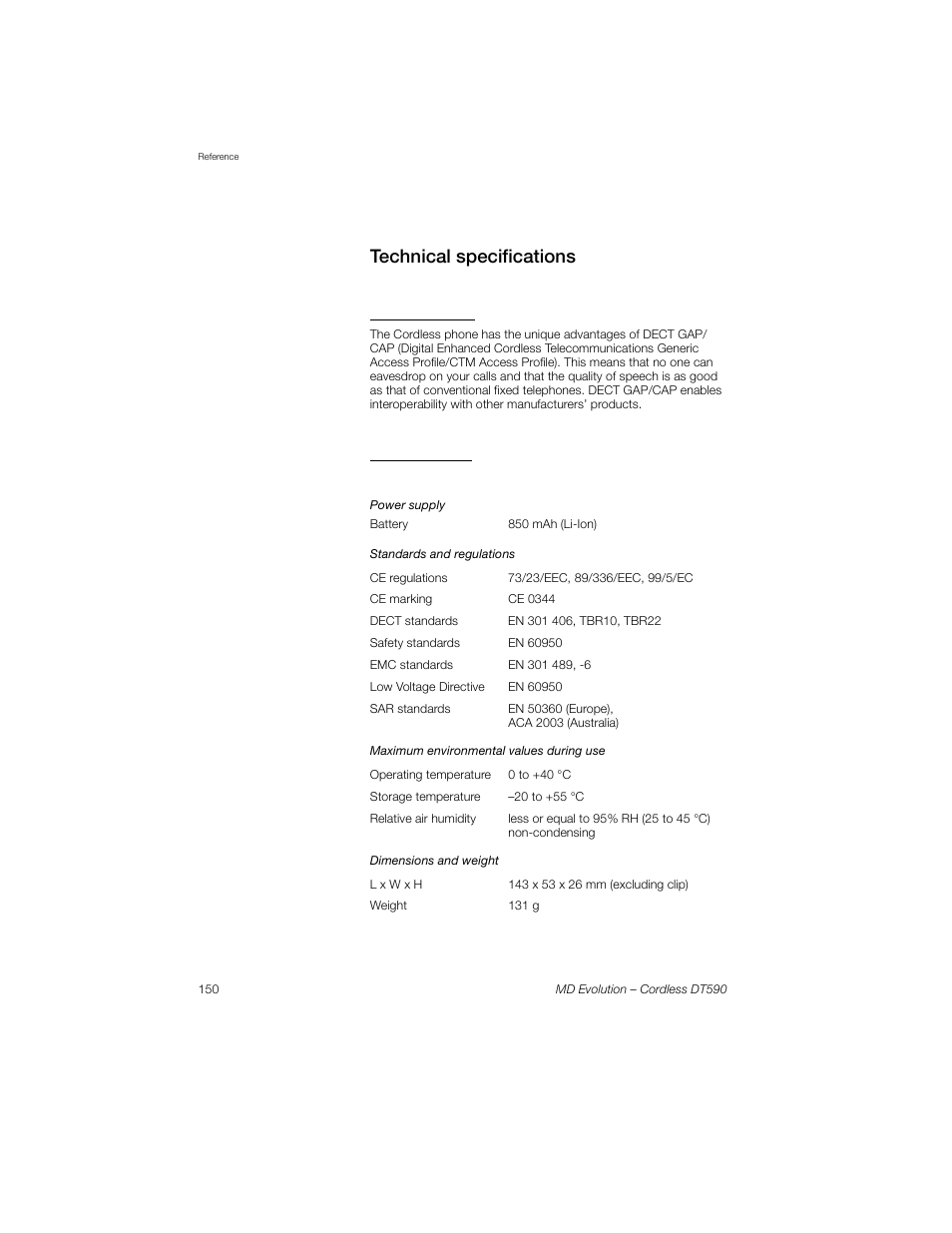 Technical specifications, Dect gap/cap, Cordless phone | Sony Ericsson Cordless DT590 User Manual | Page 150 / 164