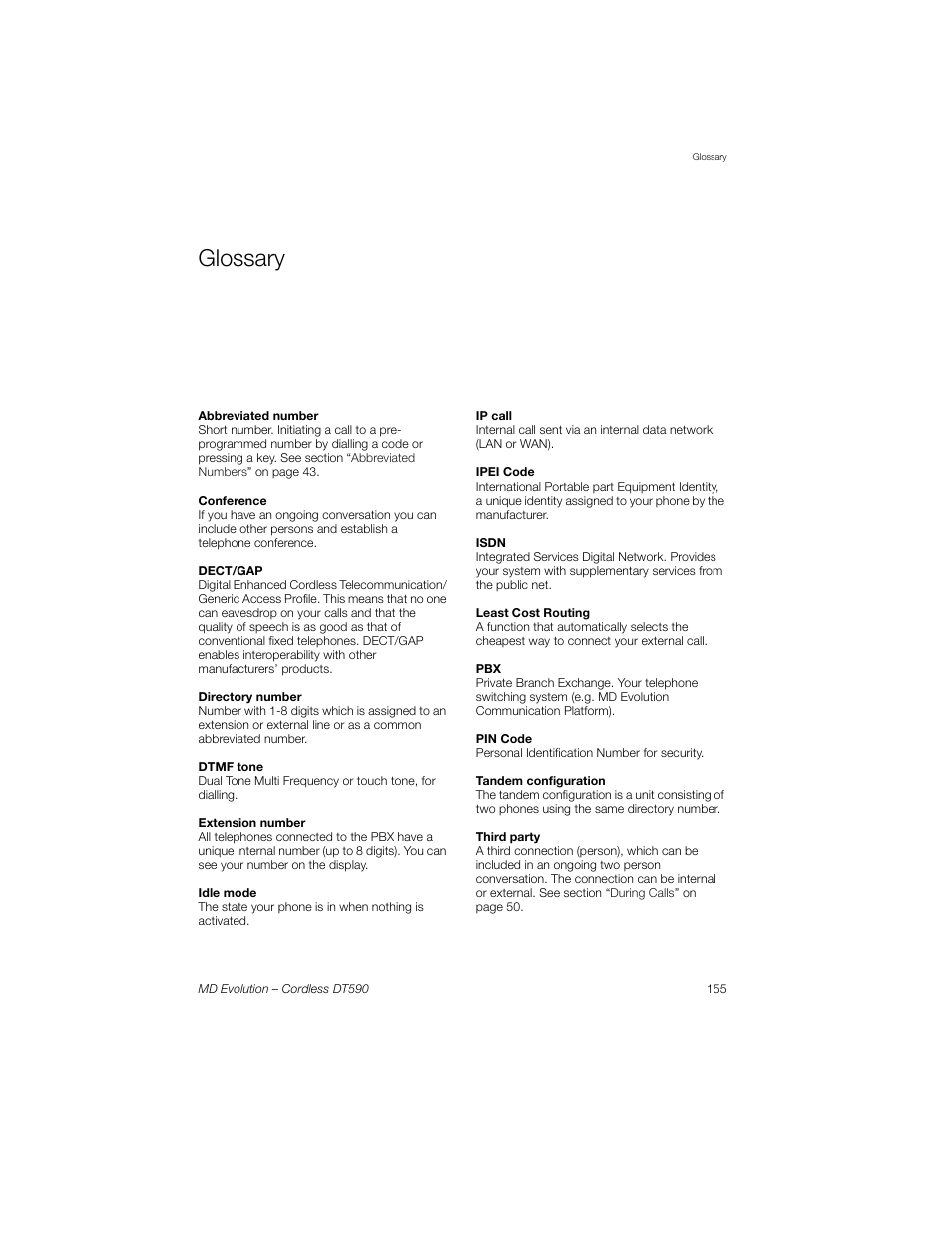 Glossary | Sony Ericsson Cordless DT590 User Manual | Page 155 / 164