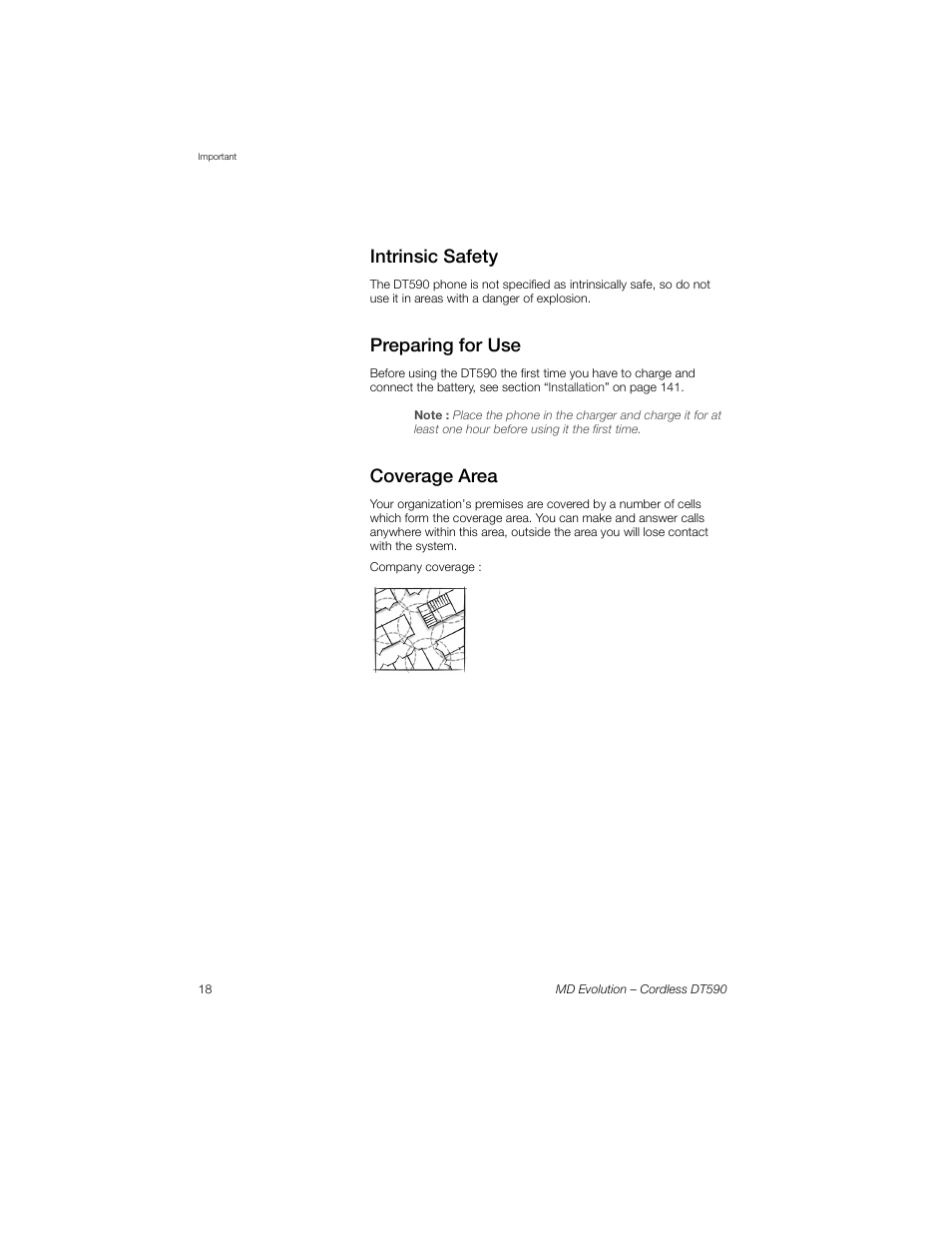 Intrinsic safety, Preparing for use, Coverage area | Sony Ericsson Cordless DT590 User Manual | Page 18 / 164