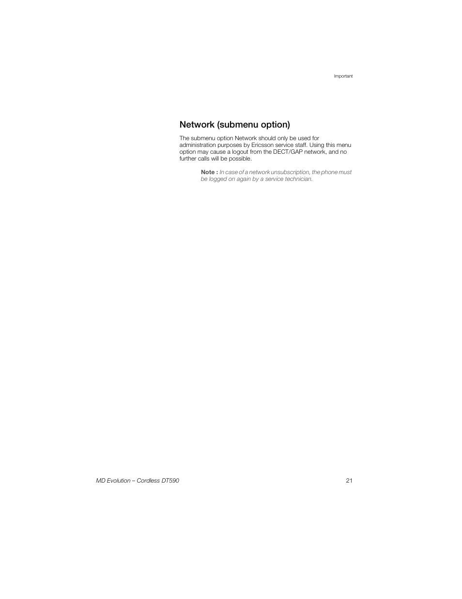 Network (submenu option) | Sony Ericsson Cordless DT590 User Manual | Page 21 / 164