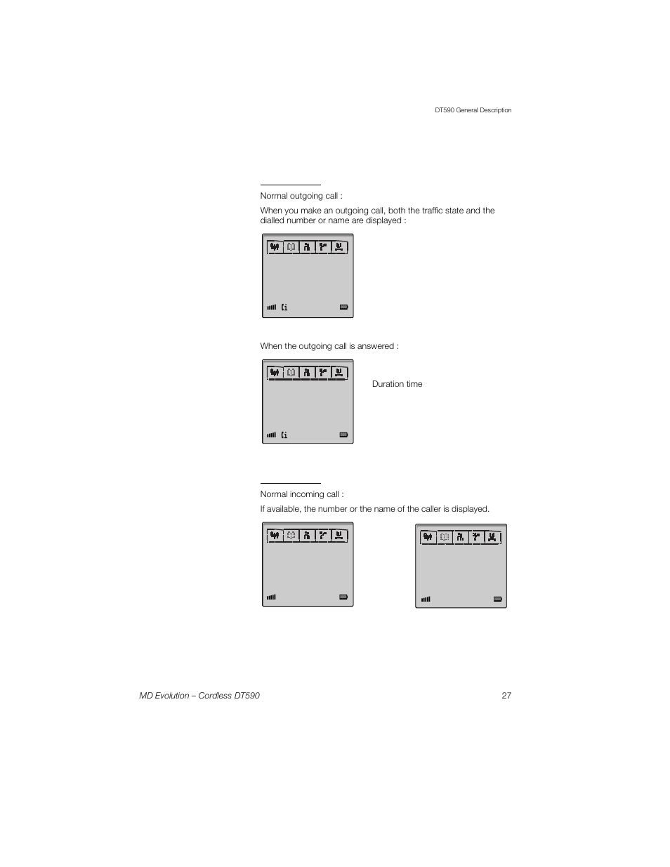 Outgoing call, Incoming call | Sony Ericsson Cordless DT590 User Manual | Page 27 / 164