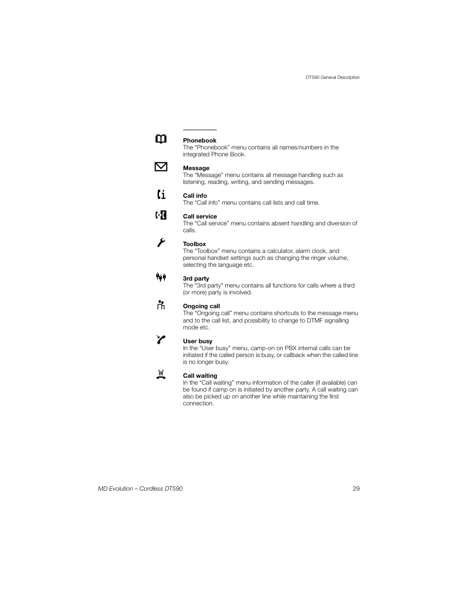 Menu tabs | Sony Ericsson Cordless DT590 User Manual | Page 29 / 164