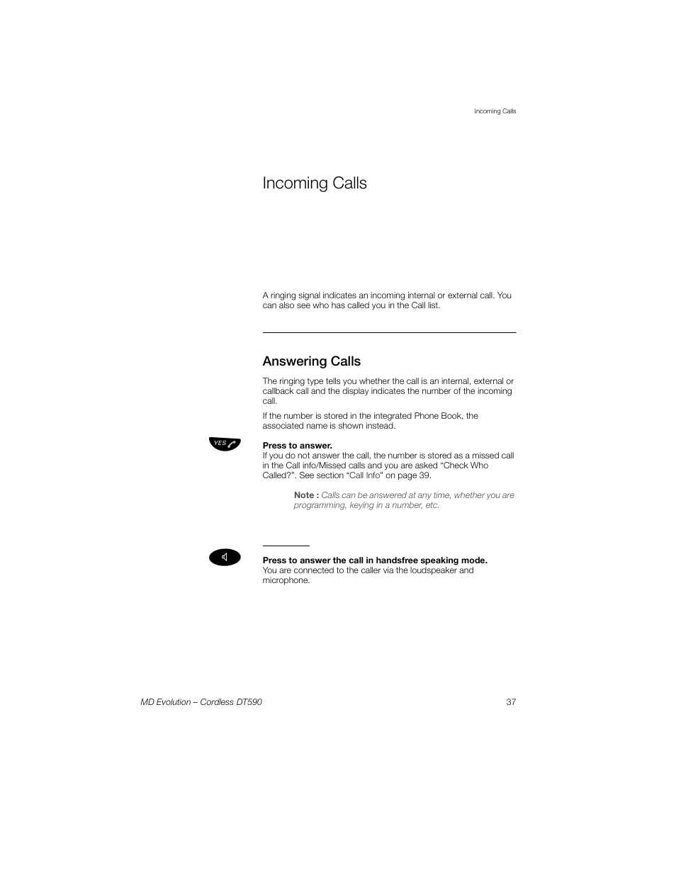 Incoming calls, Answering calls, Handsfree | Sony Ericsson Cordless DT590 User Manual | Page 37 / 164