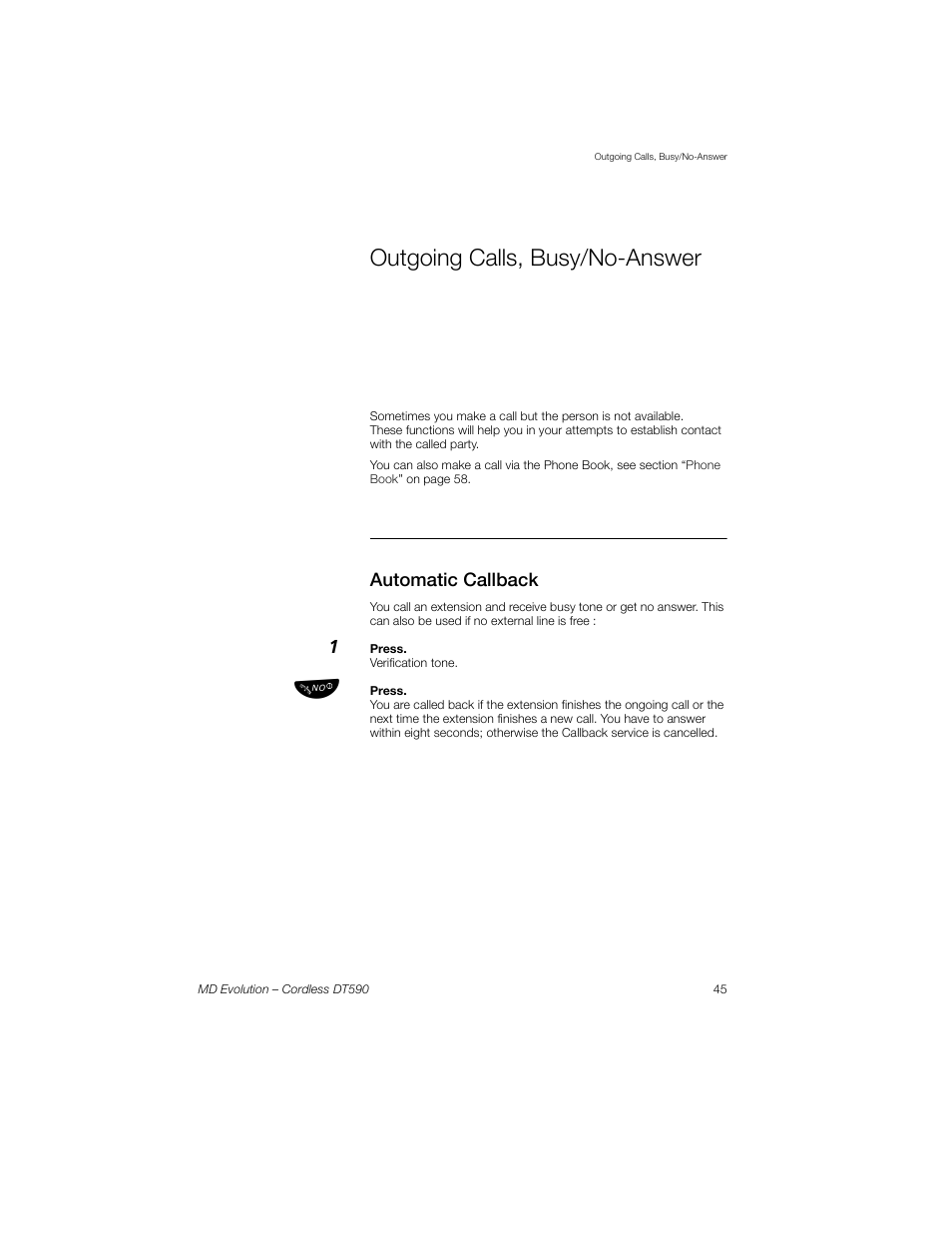 Outgoing calls, busy/no-answer, Automatic callback | Sony Ericsson Cordless DT590 User Manual | Page 45 / 164