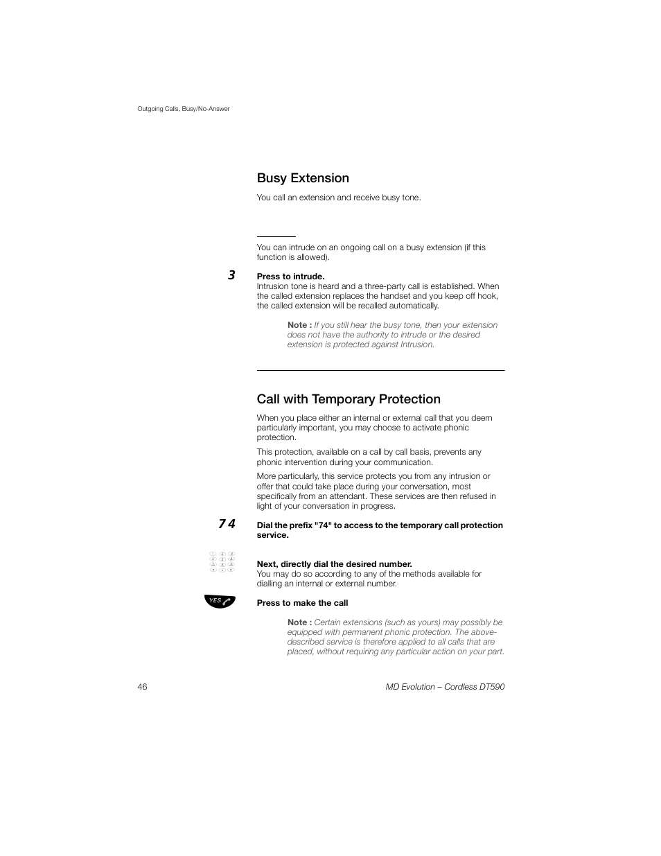 Busy extension, Intrusion, Call with temporary protection | Sony Ericsson Cordless DT590 User Manual | Page 46 / 164