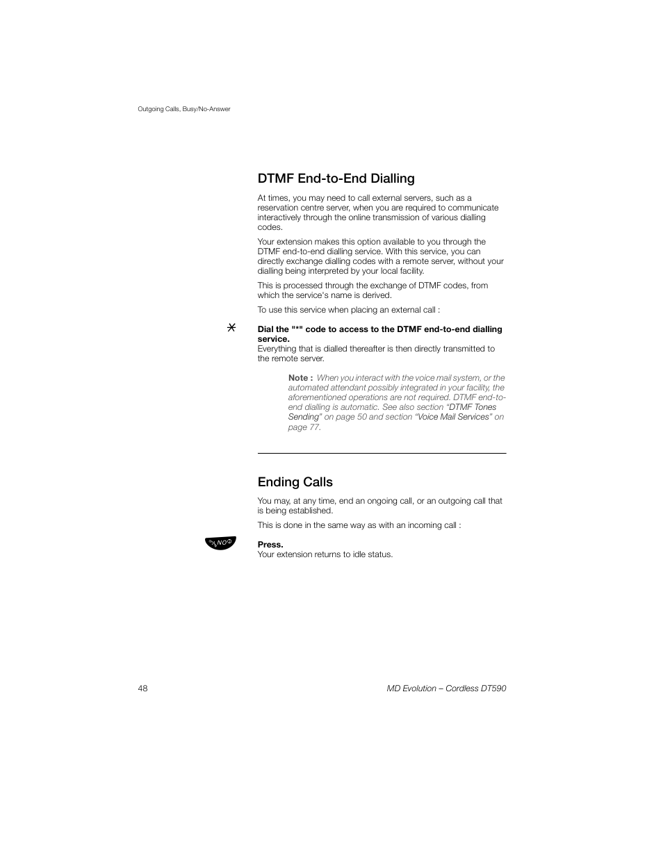 Dtmf end-to-end dialling, Ending calls | Sony Ericsson Cordless DT590 User Manual | Page 48 / 164