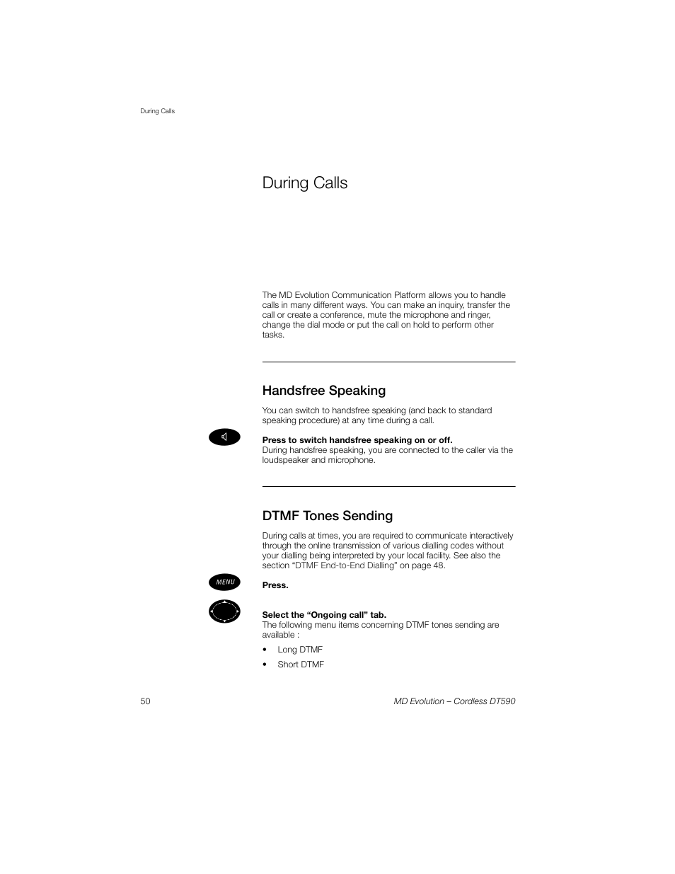 During calls, Handsfree speaking, Dtmf tones sending | Dtmf tones, Sending | Sony Ericsson Cordless DT590 User Manual | Page 50 / 164