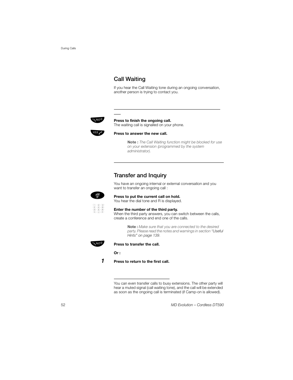 Call waiting, Transfer and inquiry, Transfer to a busy extension | Sony Ericsson Cordless DT590 User Manual | Page 52 / 164