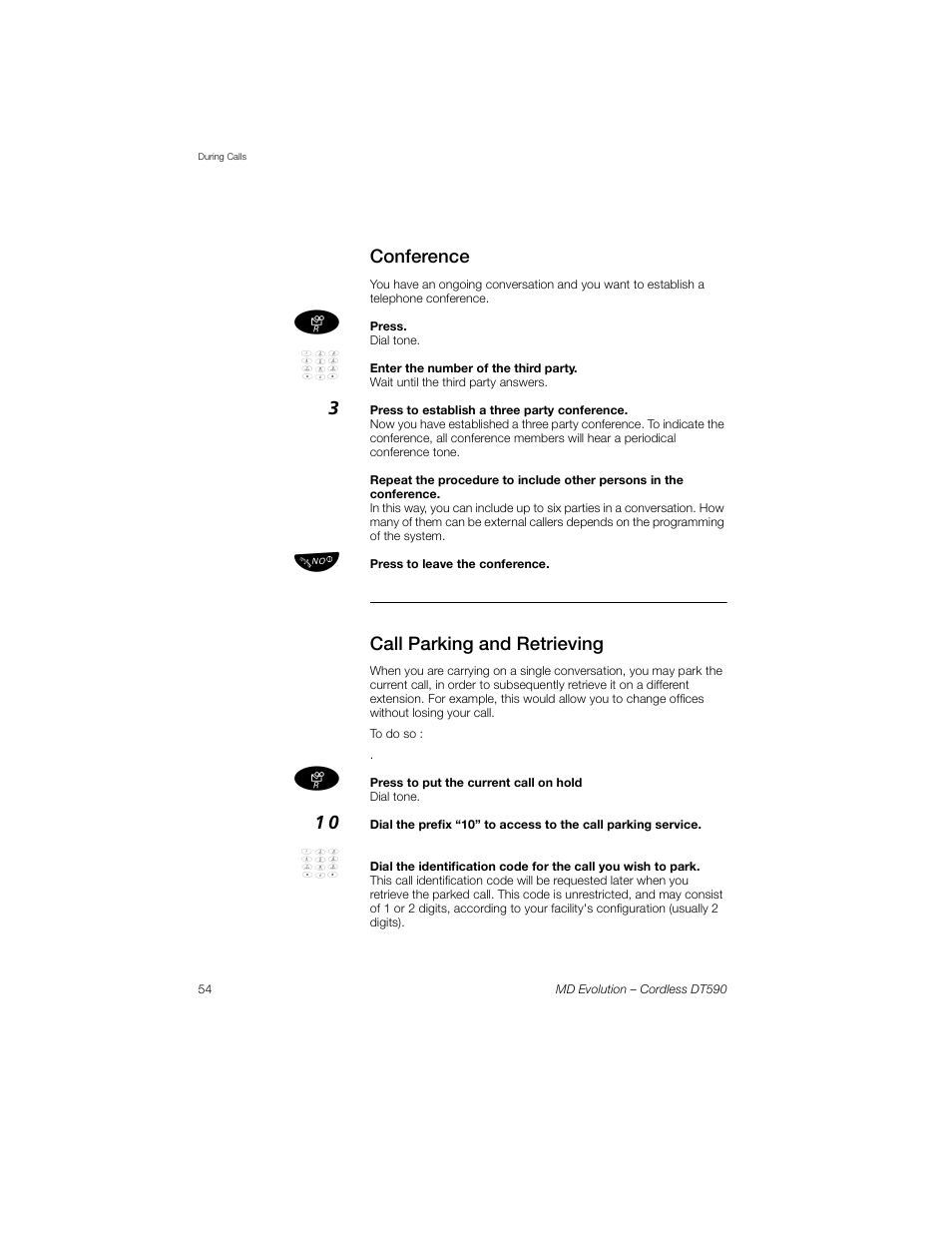 Conference, Call parking and retrieving | Sony Ericsson Cordless DT590 User Manual | Page 54 / 164