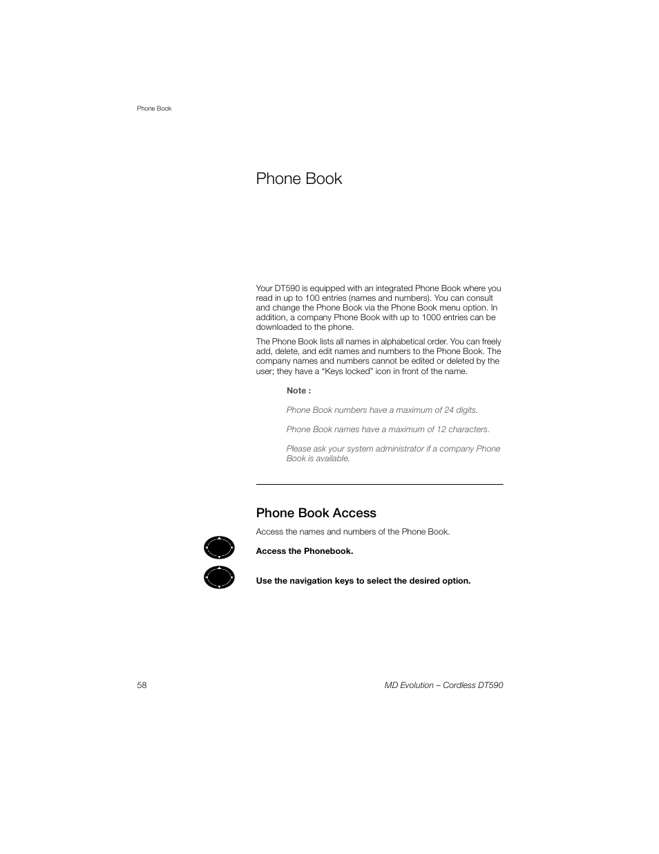 Phone book, Phone book access, Phone | Book | Sony Ericsson Cordless DT590 User Manual | Page 58 / 164