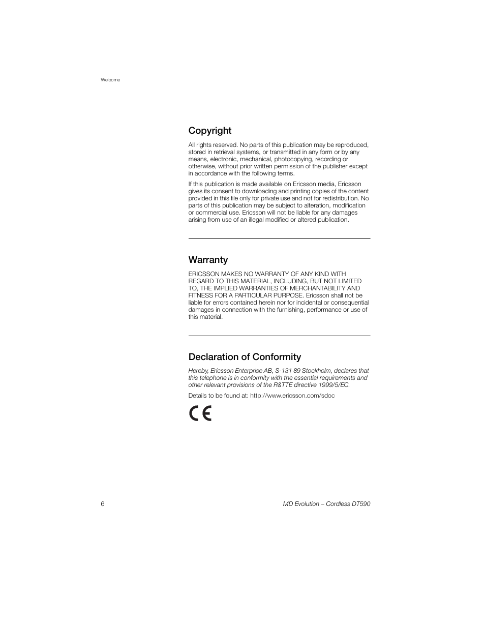 Copyright, Warranty, Declaration of conformity | Sony Ericsson Cordless DT590 User Manual | Page 6 / 164