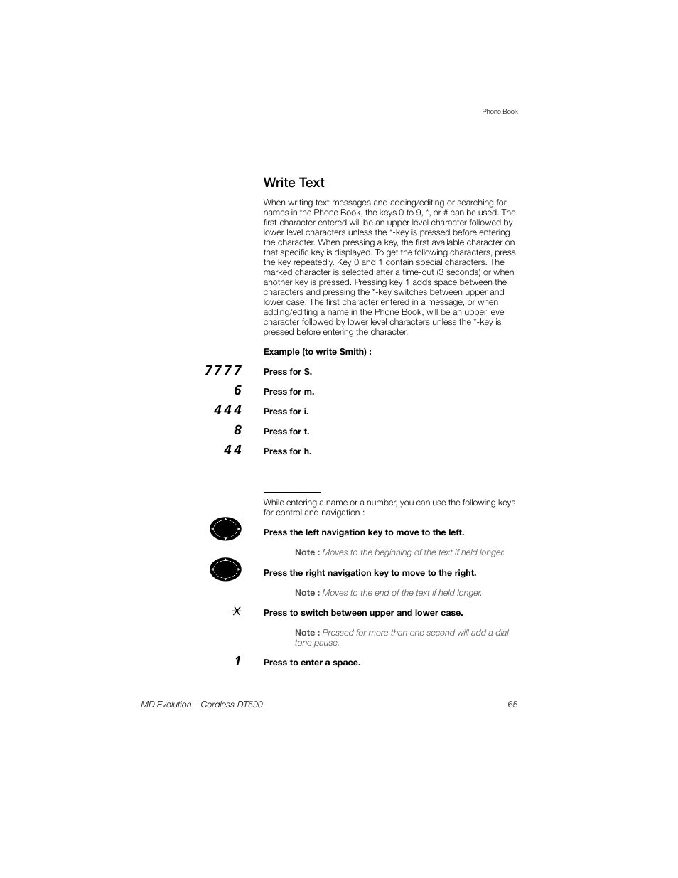 Write text, Control keys | Sony Ericsson Cordless DT590 User Manual | Page 65 / 164