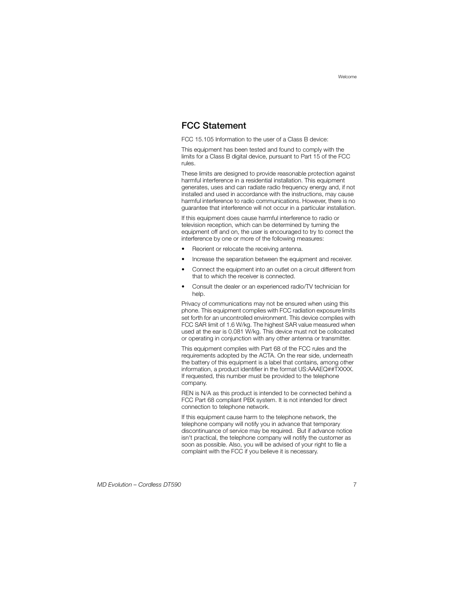 Fcc statement | Sony Ericsson Cordless DT590 User Manual | Page 7 / 164