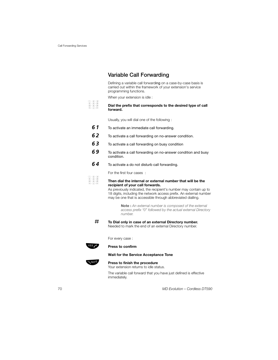 Variable call forwarding | Sony Ericsson Cordless DT590 User Manual | Page 70 / 164