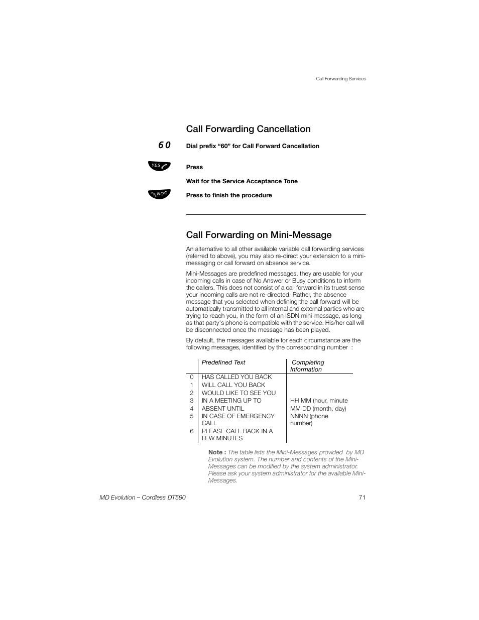 Call forwarding cancellation, Call forwarding on mini-message | Sony Ericsson Cordless DT590 User Manual | Page 71 / 164