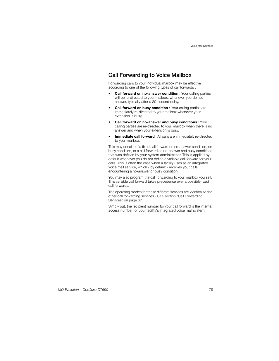 Call forwarding to voice mailbox | Sony Ericsson Cordless DT590 User Manual | Page 79 / 164