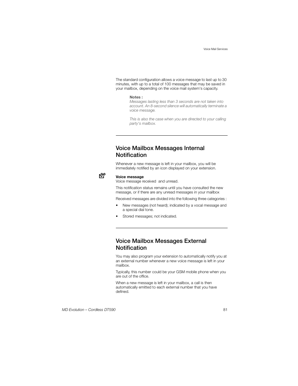 Voice mailbox messages internal notification, Voice mailbox messages external notification | Sony Ericsson Cordless DT590 User Manual | Page 81 / 164