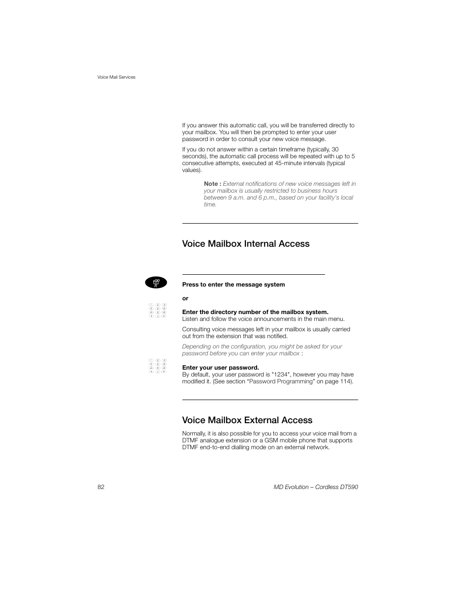 Voice mailbox internal access, Access the mailbox from your own extension, Voice mailbox external access | Sony Ericsson Cordless DT590 User Manual | Page 82 / 164