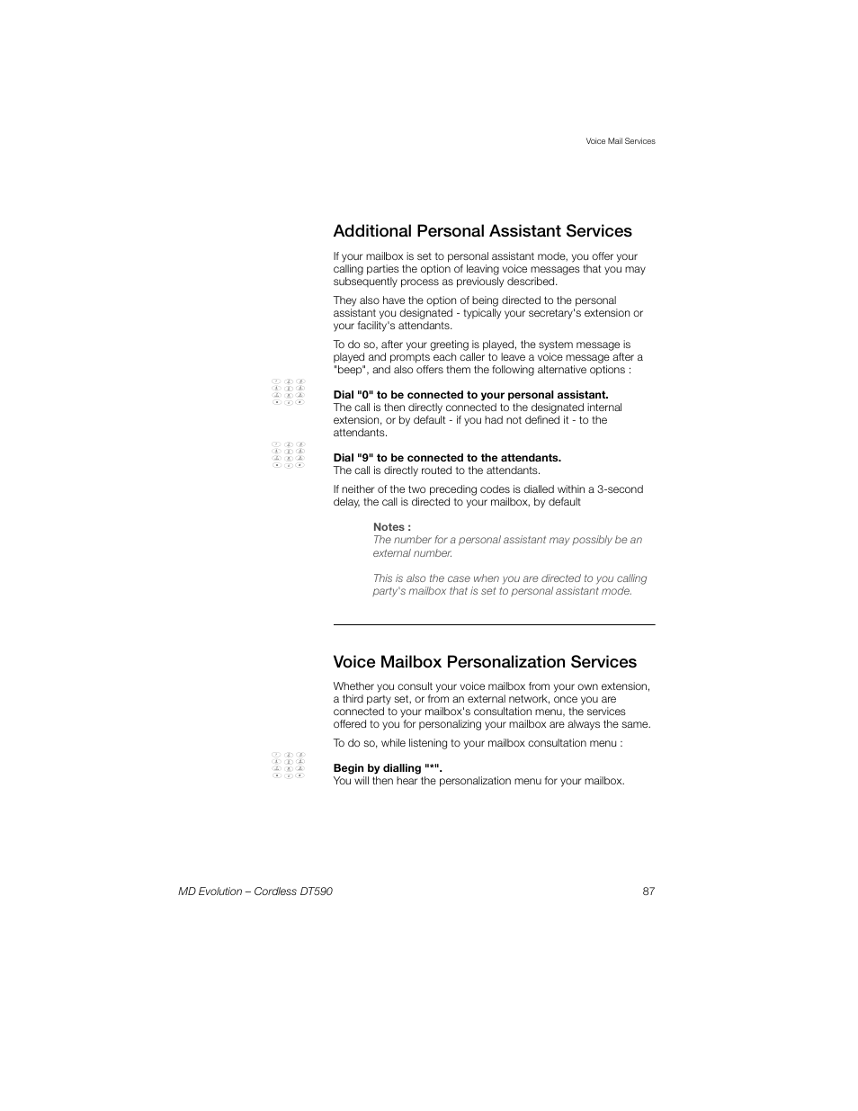 Additional personal assistant services, Voice mailbox personalization services | Sony Ericsson Cordless DT590 User Manual | Page 87 / 164