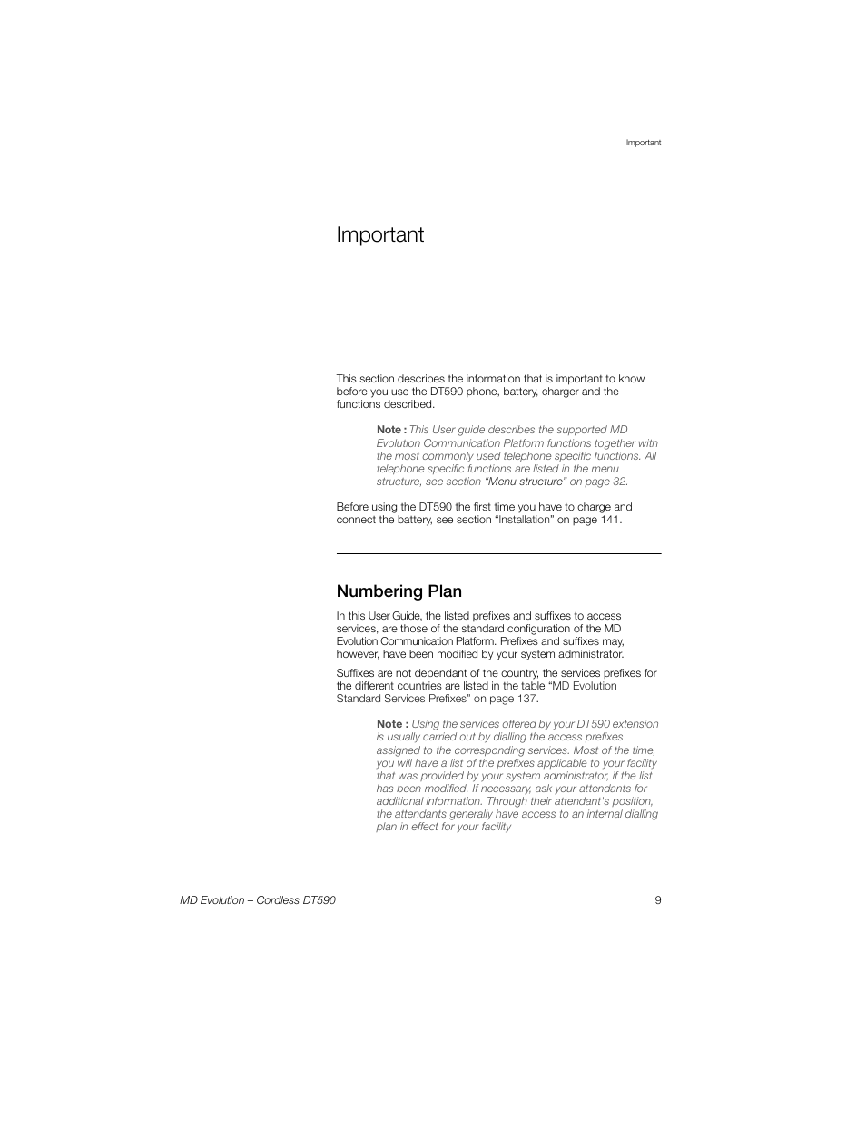 Important, Numbering plan | Sony Ericsson Cordless DT590 User Manual | Page 9 / 164