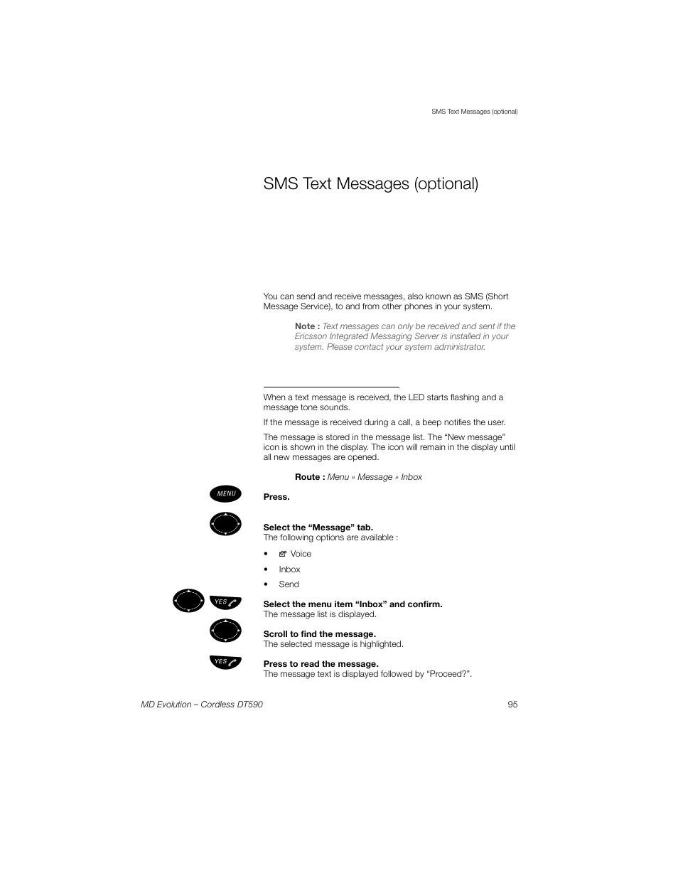 Sms text messages (optional), Receive text messages (sms), ºь ы | Sony Ericsson Cordless DT590 User Manual | Page 95 / 164