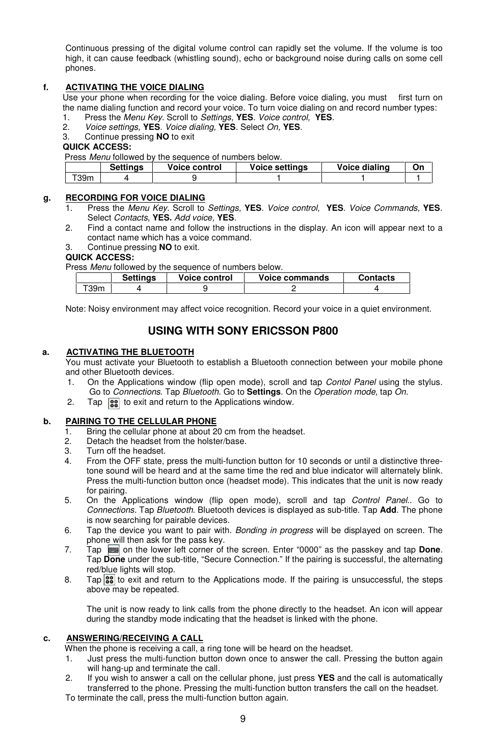 Using with sony ericsson p800 | Sony Ericsson Bluetooth Enabled Hands-Free Kit /Headset User Manual | Page 10 / 20