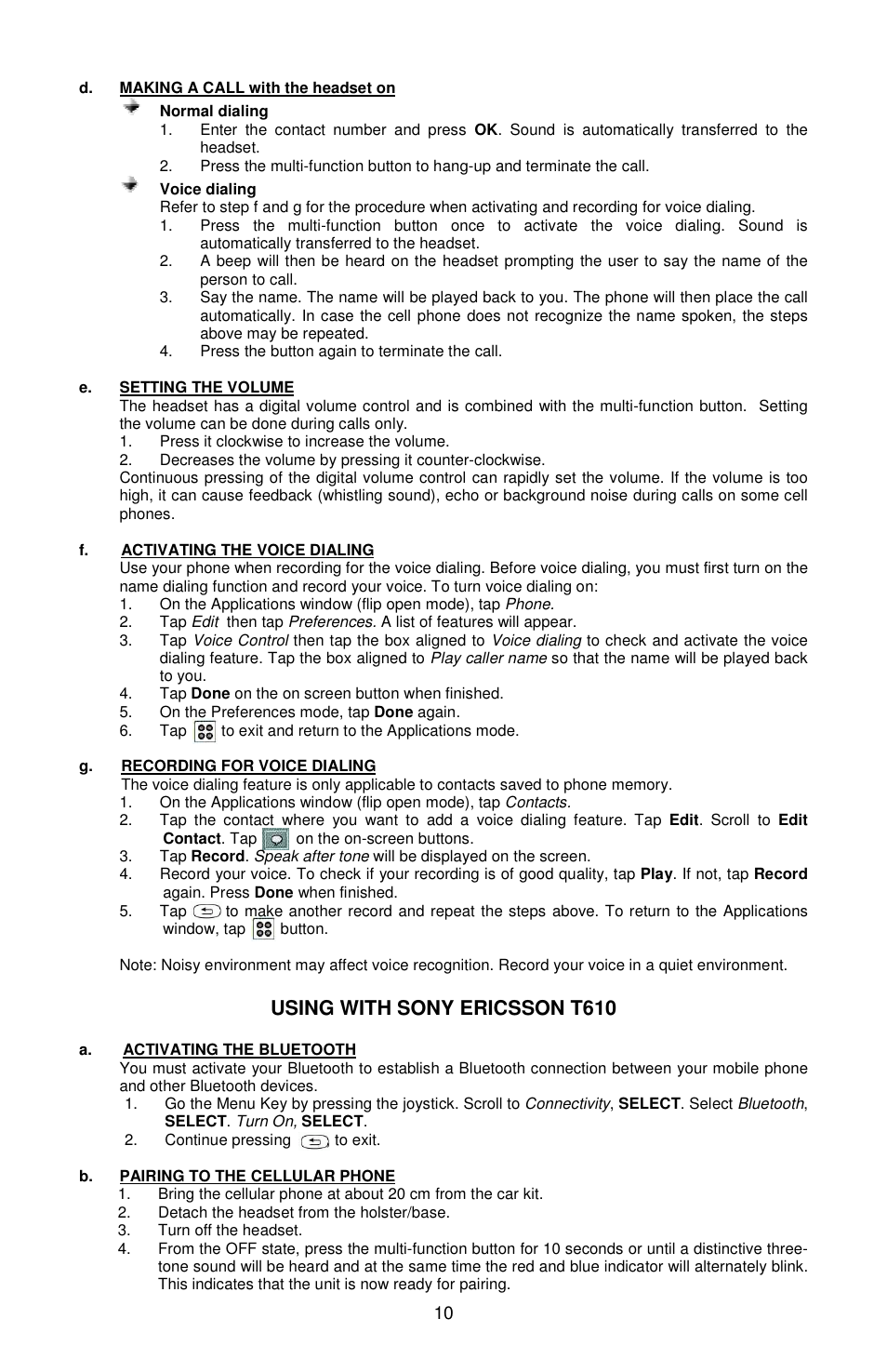 Using with sony ericsson t610 | Sony Ericsson Bluetooth Enabled Hands-Free Kit /Headset User Manual | Page 11 / 20