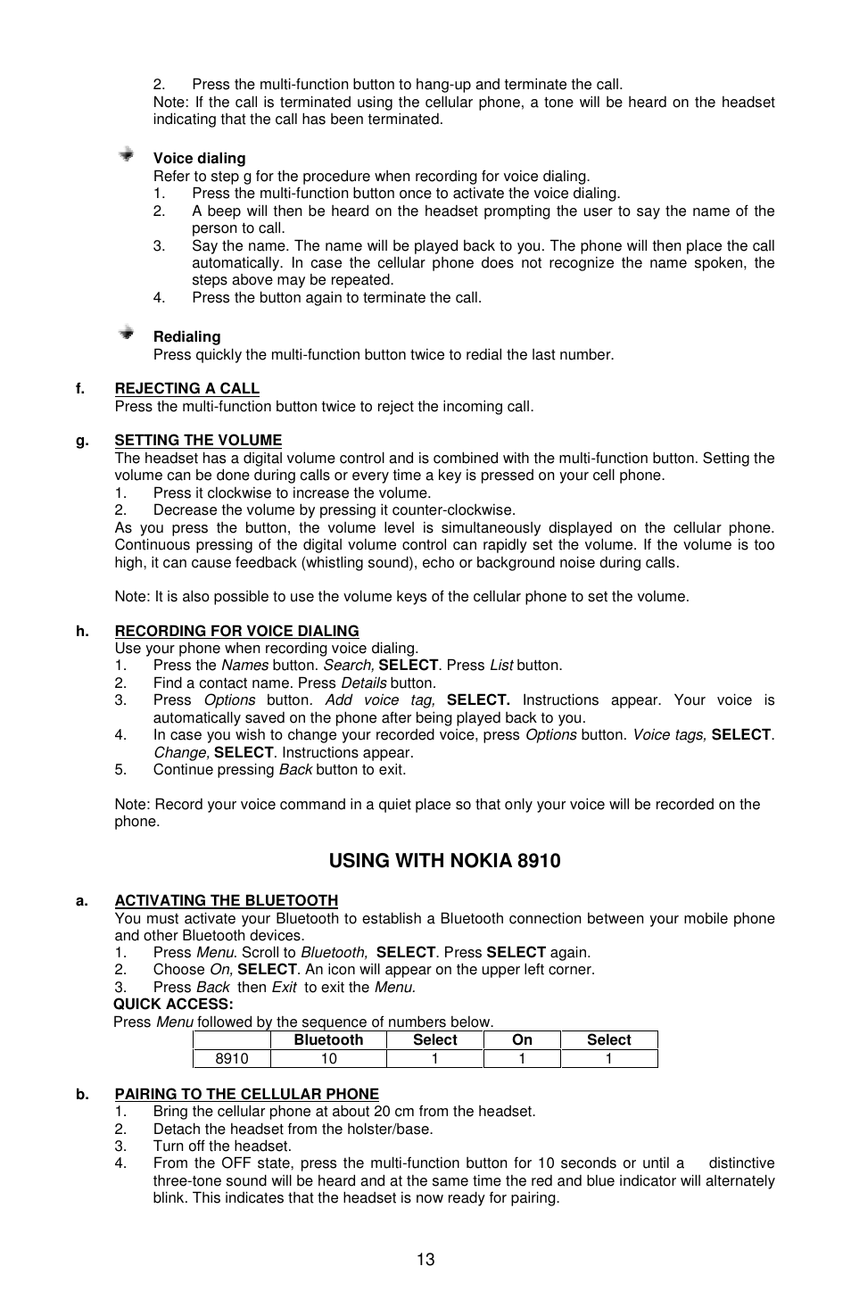 Using with nokia 8910 | Sony Ericsson Bluetooth Enabled Hands-Free Kit /Headset User Manual | Page 14 / 20