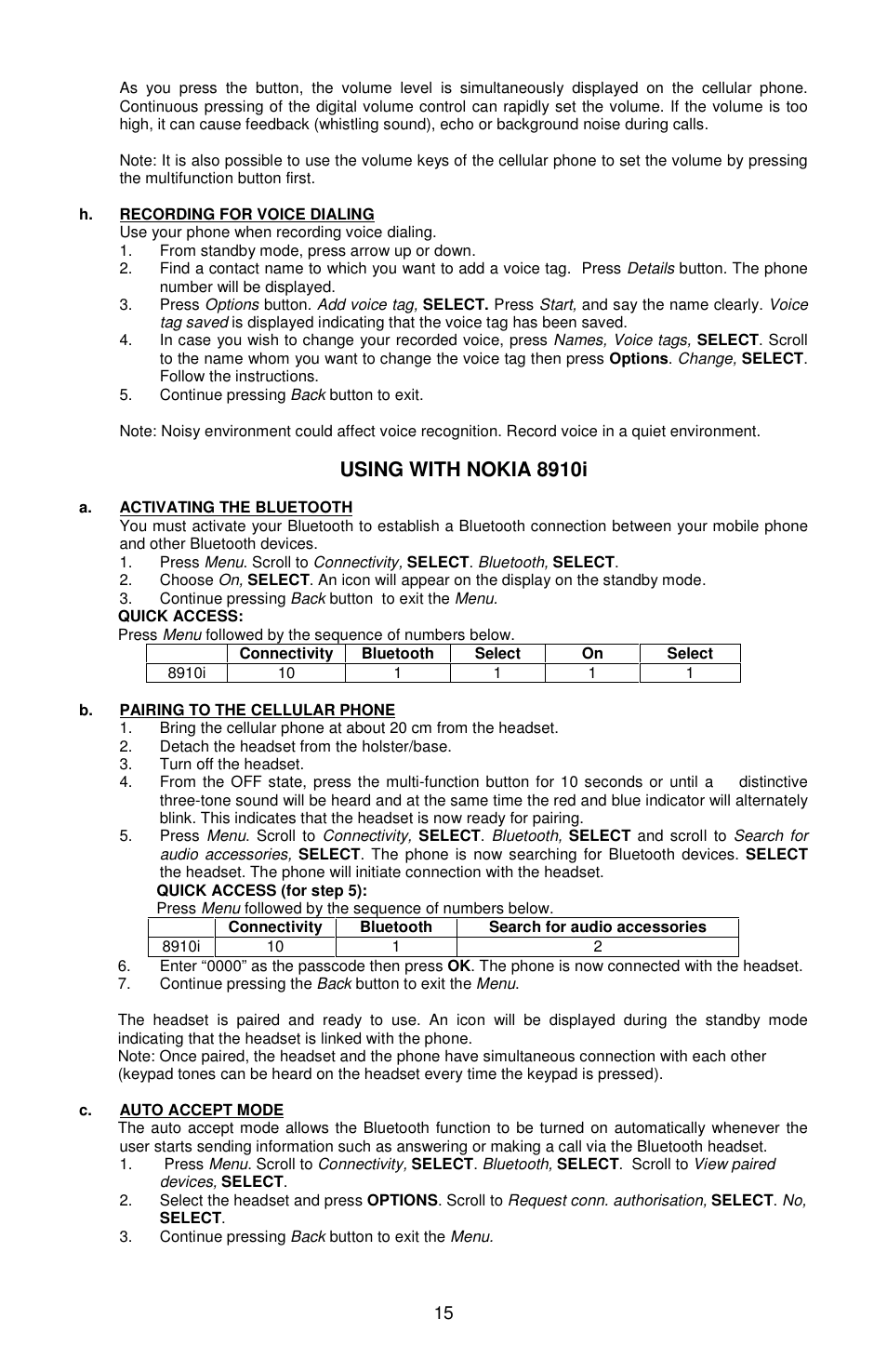 Using with nokia 8910i | Sony Ericsson Bluetooth Enabled Hands-Free Kit /Headset User Manual | Page 16 / 20