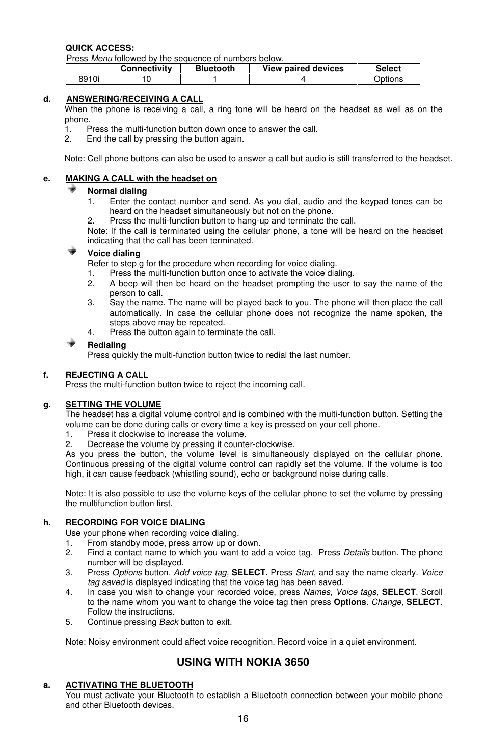 Using with nokia 3650 | Sony Ericsson Bluetooth Enabled Hands-Free Kit /Headset User Manual | Page 17 / 20
