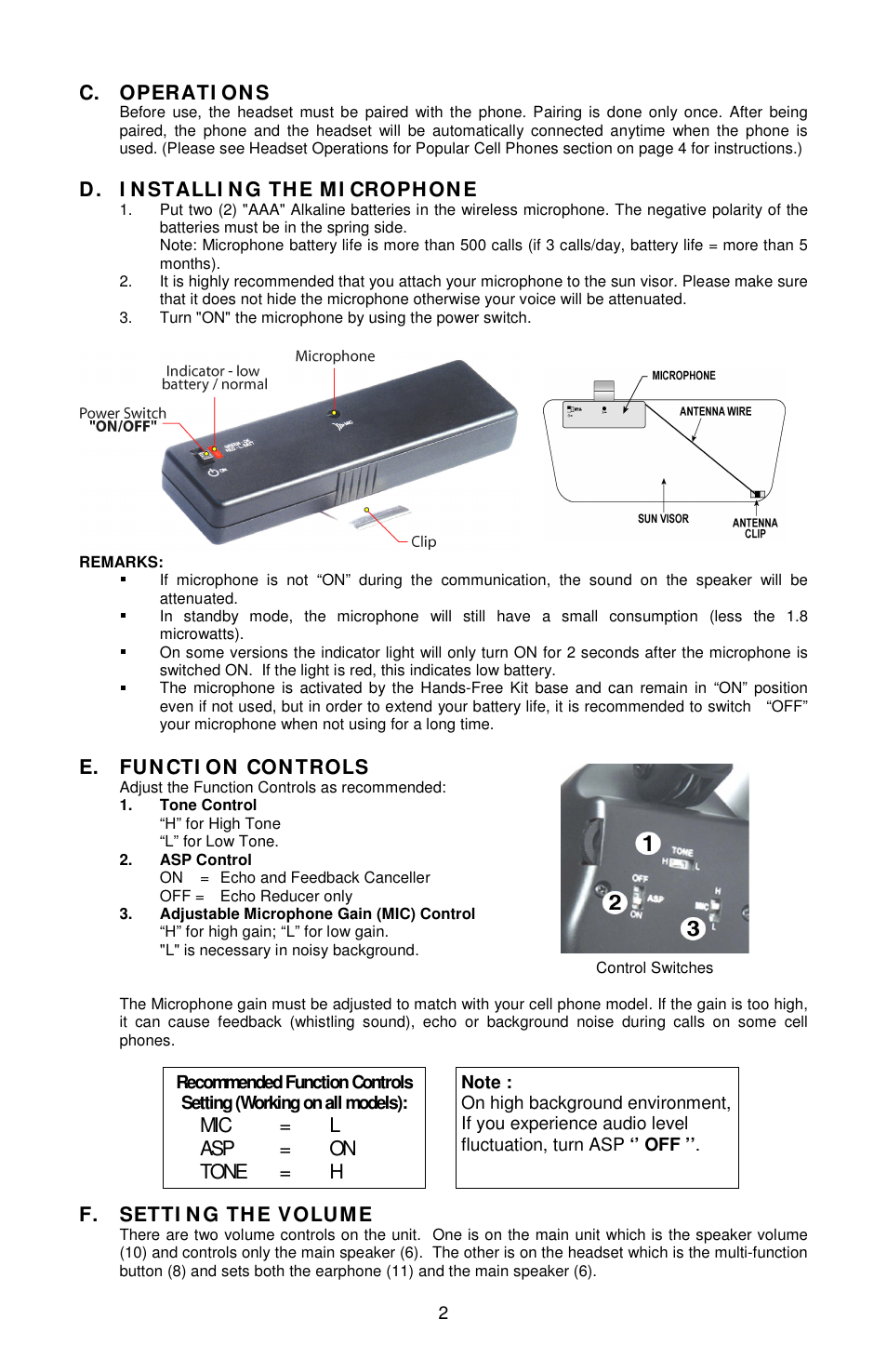 Mic = l asp = on tone = h c. operati on s, D. i n stalli n g the mi crophon e, E. fun cti on con trols | F. setti n g the volume | Sony Ericsson Bluetooth Enabled Hands-Free Kit /Headset User Manual | Page 3 / 20