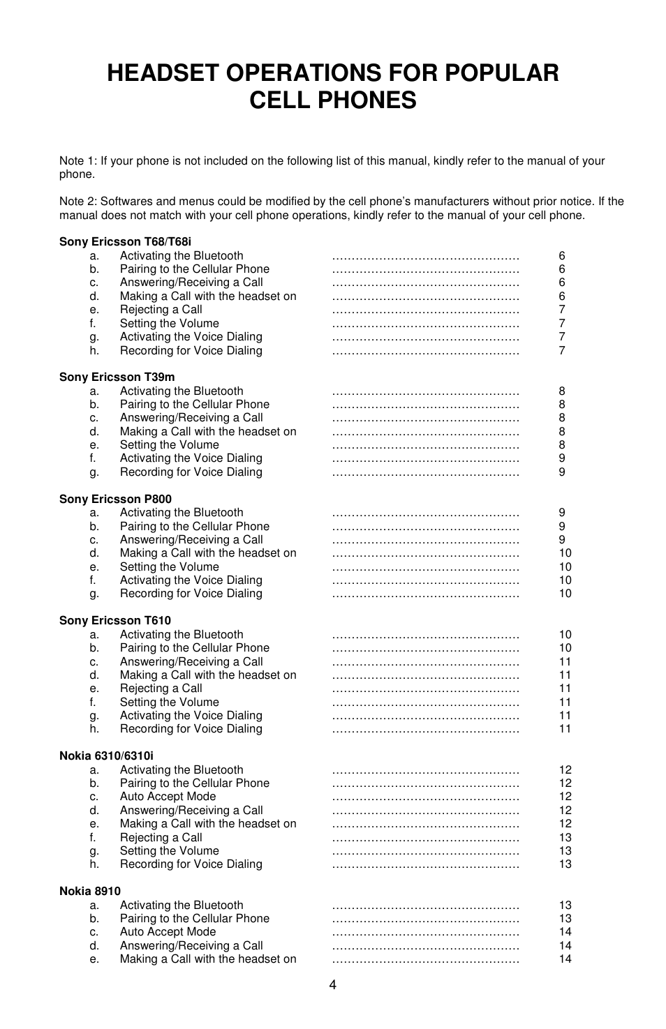 Headset operations for popular cell phones | Sony Ericsson Bluetooth Enabled Hands-Free Kit /Headset User Manual | Page 5 / 20