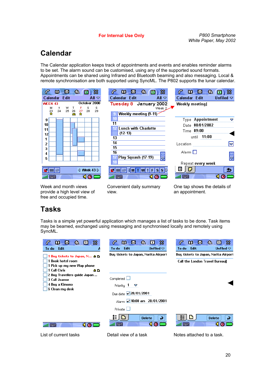 Calendar, Tasks | Sony Ericsson P802 User Manual | Page 20 / 90