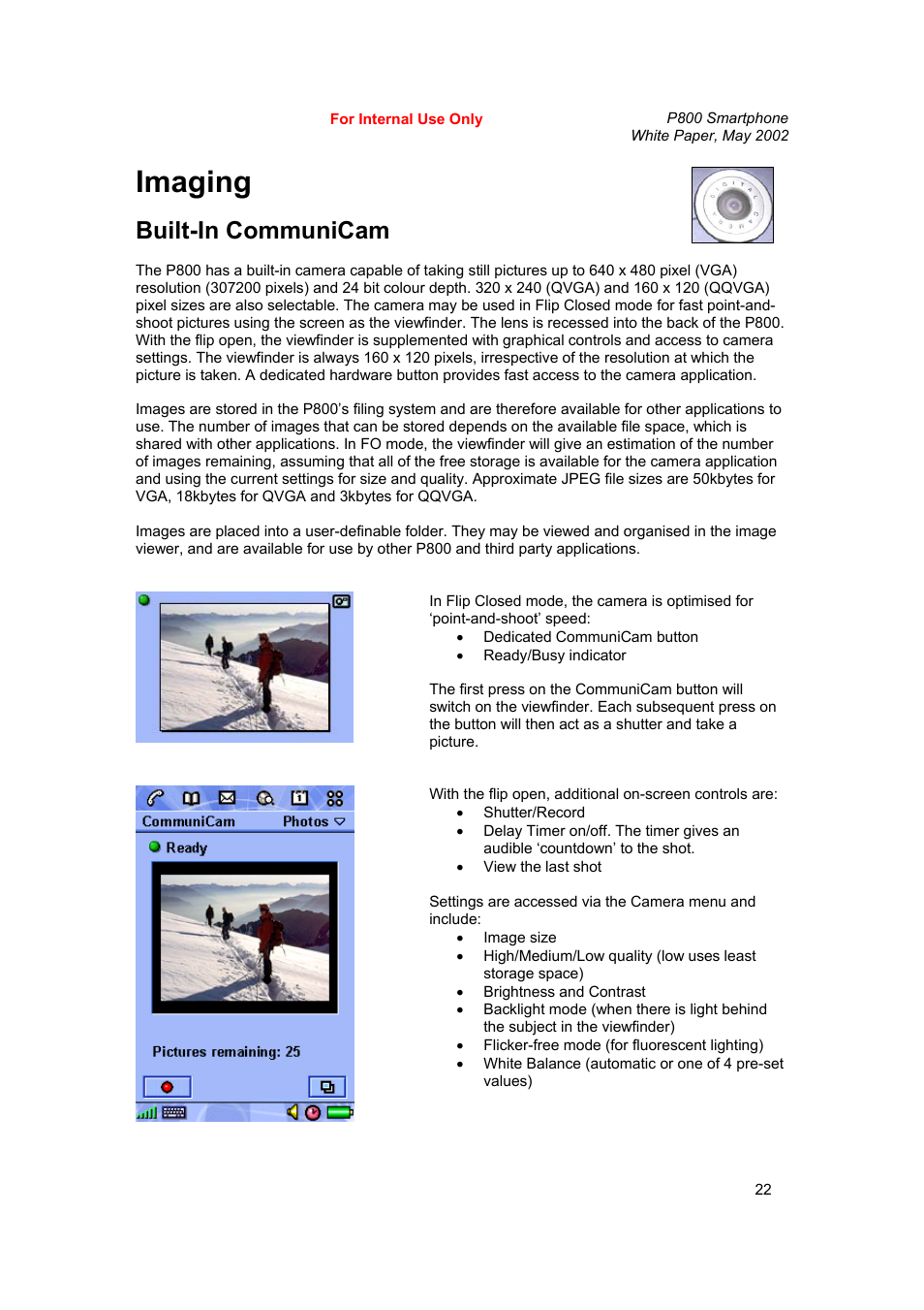 Imaging, Built-in communicam | Sony Ericsson P802 User Manual | Page 22 / 90