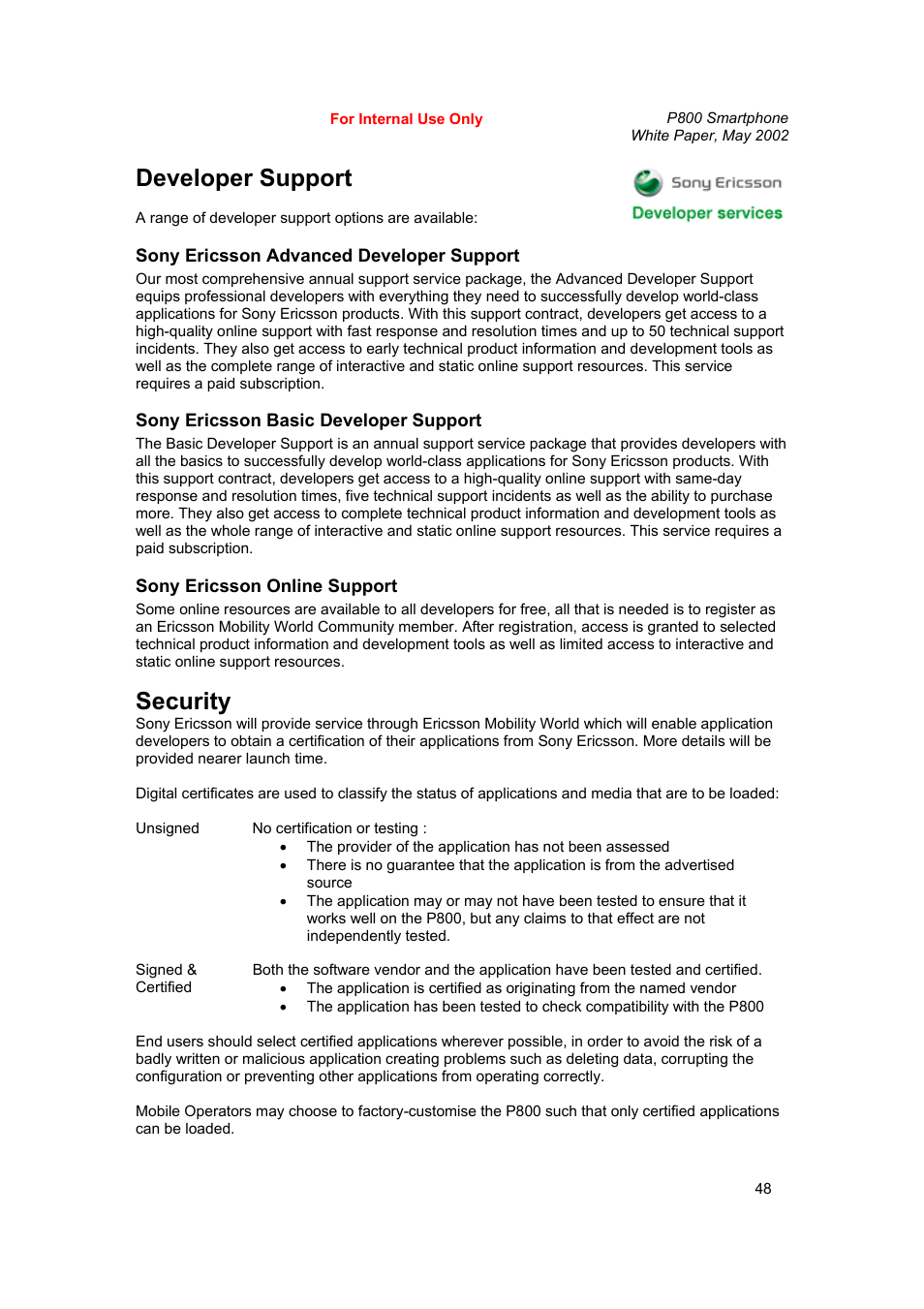 Developer support, Security | Sony Ericsson P802 User Manual | Page 48 / 90