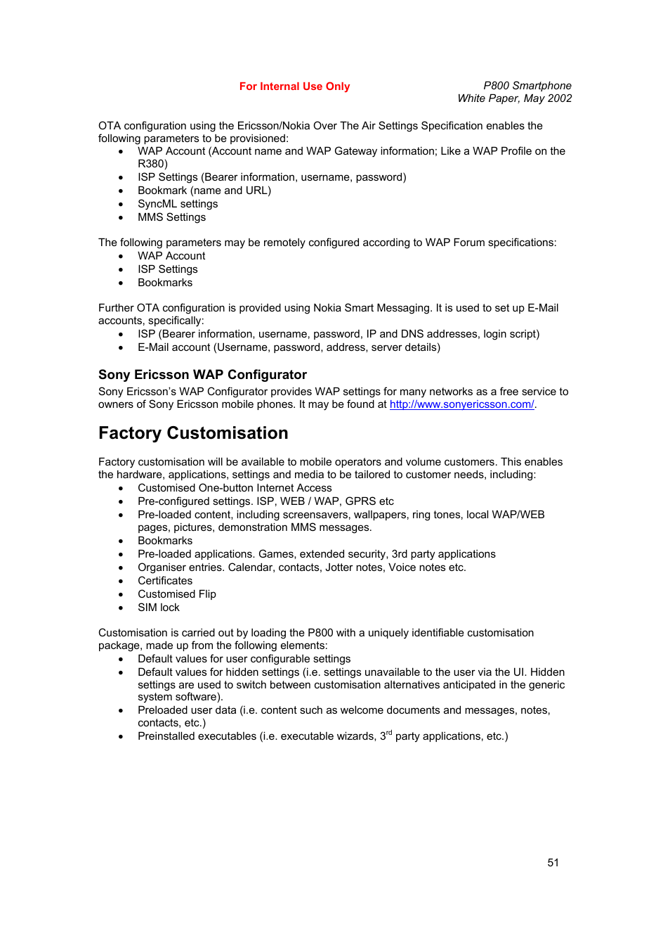 Factory customisation | Sony Ericsson P802 User Manual | Page 51 / 90