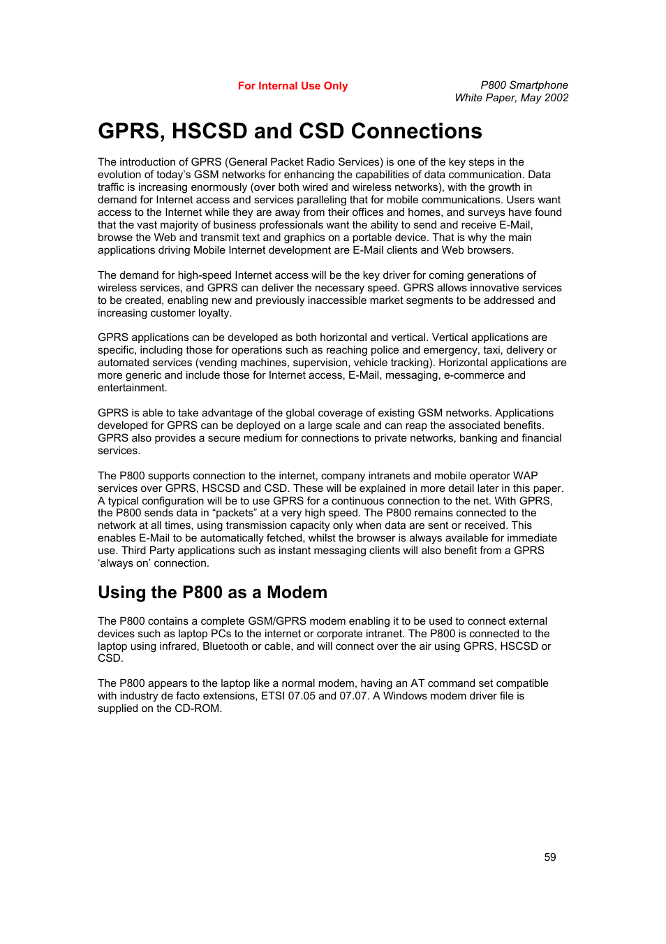 Gprs, hscsd and csd connections, Using the p800 as a modem | Sony Ericsson P802 User Manual | Page 59 / 90