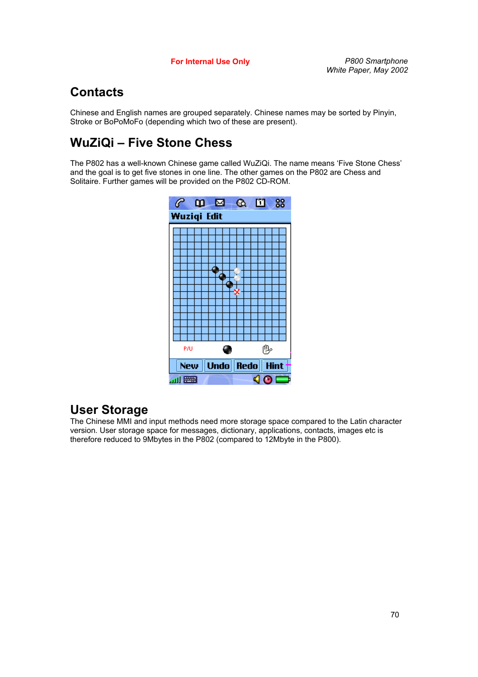 Contacts, Wuziqi – five stone chess, User storage | Sony Ericsson P802 User Manual | Page 70 / 90