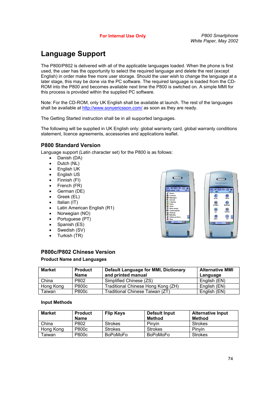 Language support | Sony Ericsson P802 User Manual | Page 74 / 90