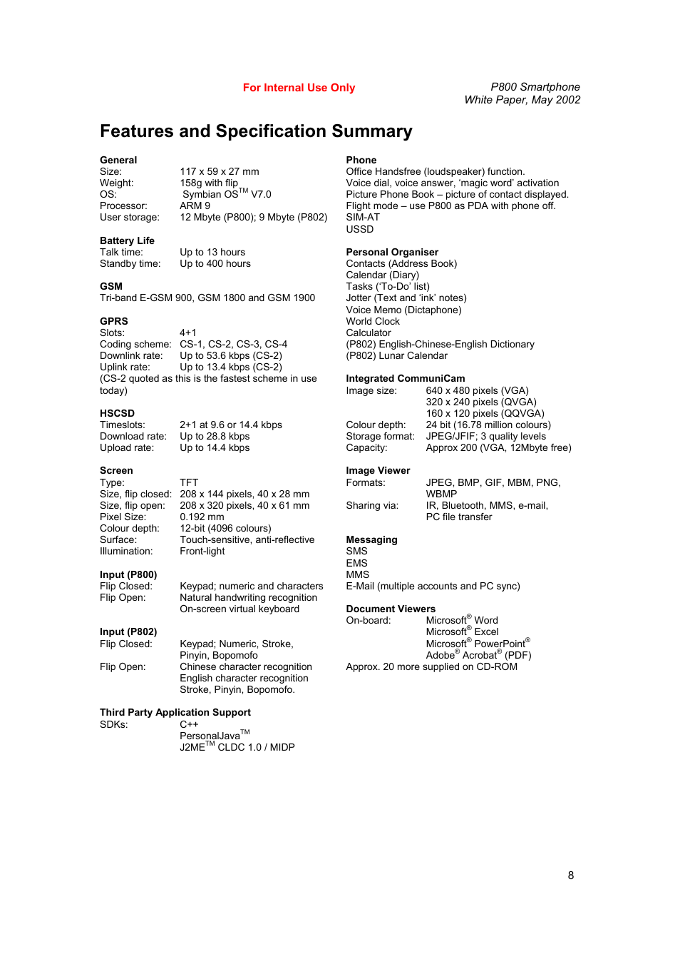 Features and specification summary | Sony Ericsson P802 User Manual | Page 8 / 90