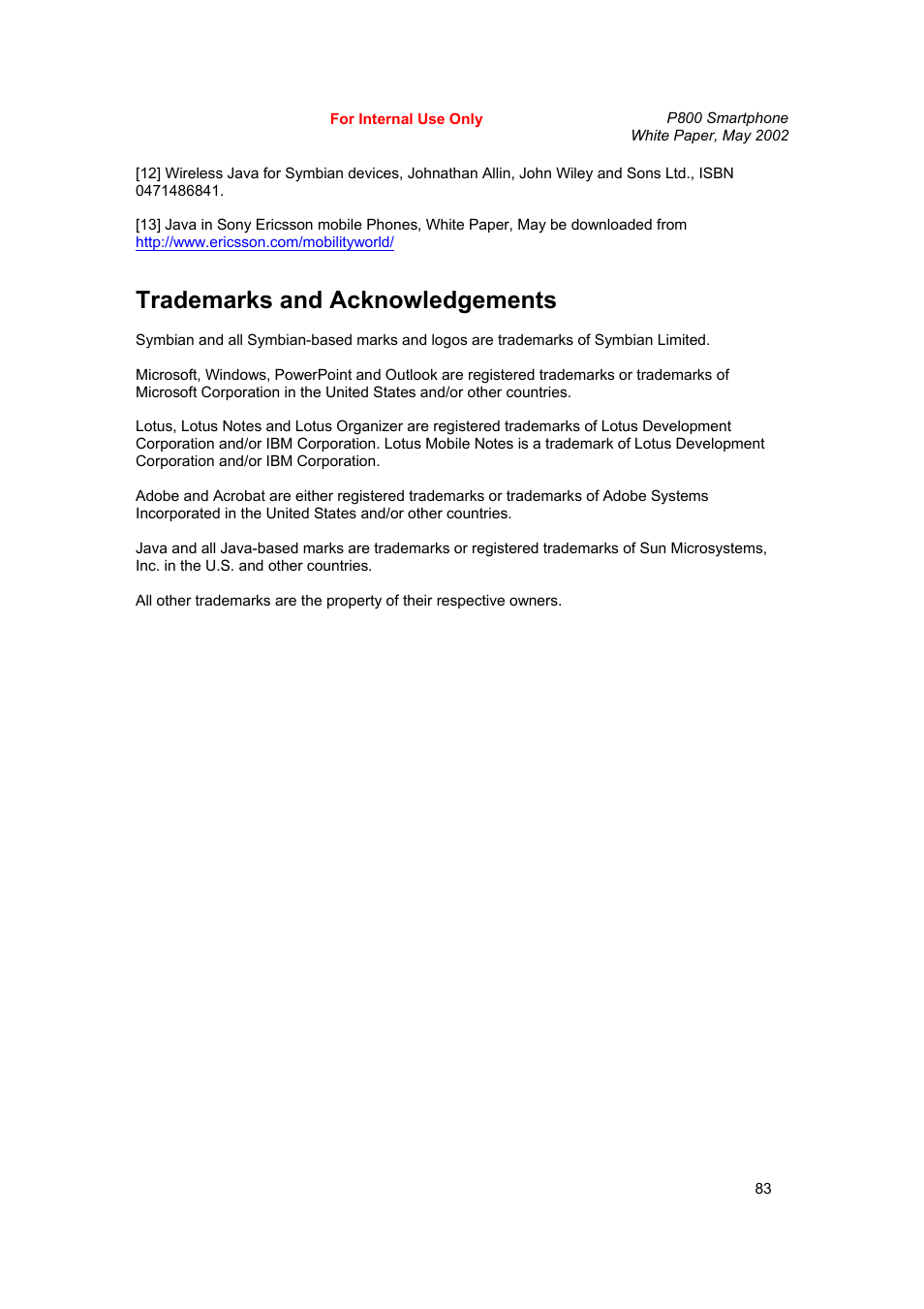 Trademarks and acknowledgements | Sony Ericsson P802 User Manual | Page 83 / 90