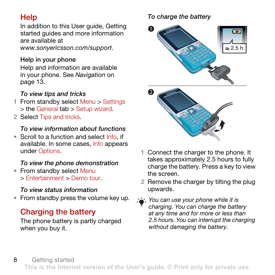 Help, Charging the battery | Sony Ericsson Cyber-shot C702 User Manual | Page 10 / 86